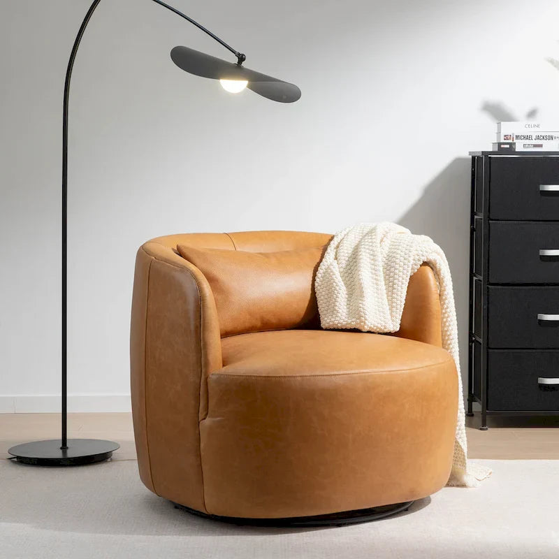 KINWELL Contemporary Genuine Leather Swivel Armchair with Cushion