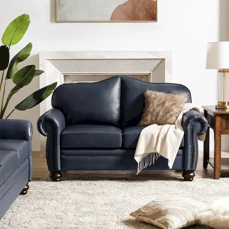 Leather Loveseat Sofa with Rolled Arms and Nailhead Trim