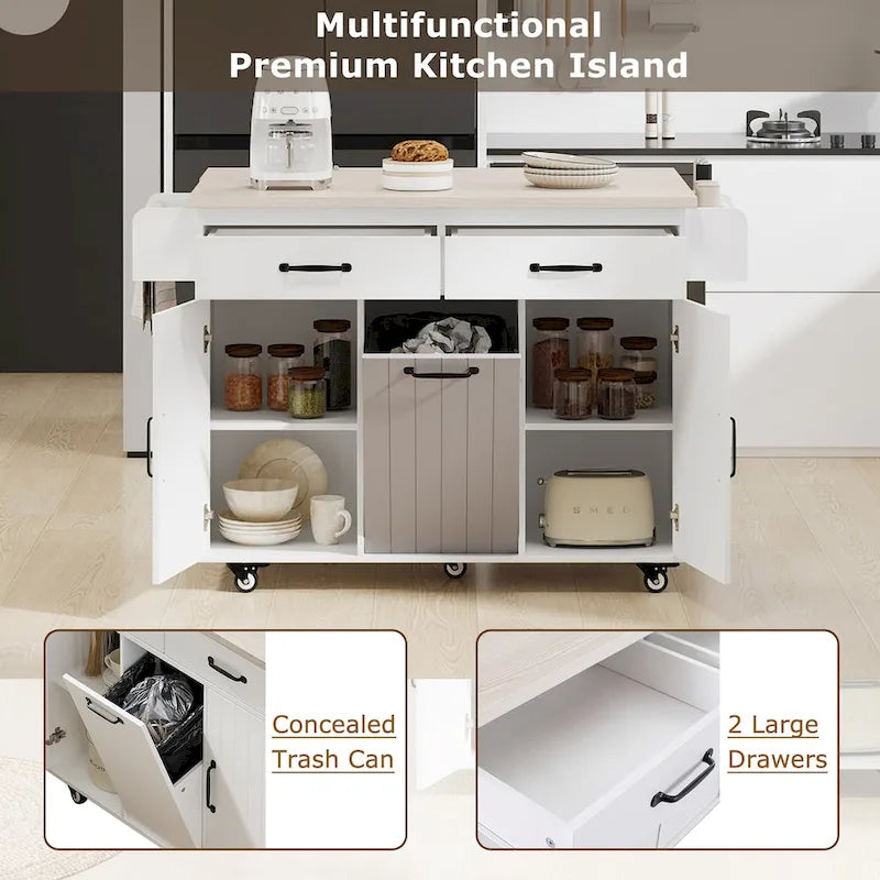 Kitchen Island with Built-In Trash Can Storage and Drop Leaf Cart
