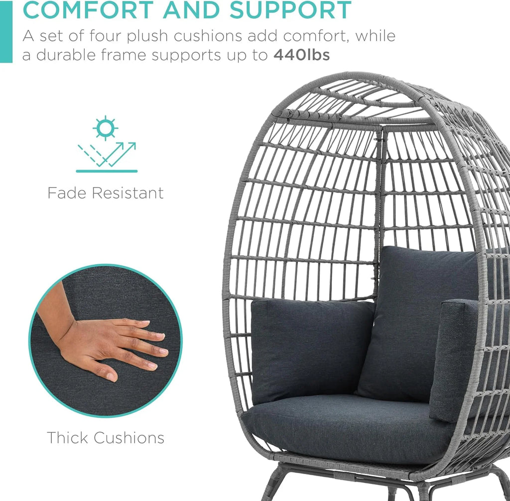Best Choice Products Wicker Egg Chair Oversized Indoor Outdoor Lounger for Patio Backyard Living Room w/ 4 Cushions Steel Frame 440lb Capacity - Ivory