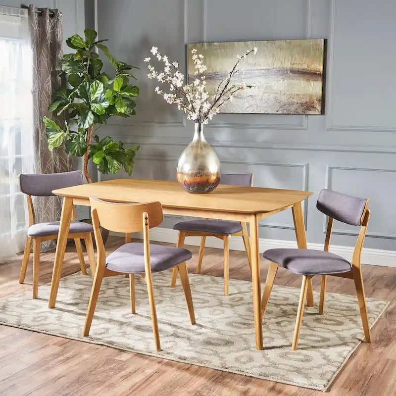 Mid Century Dining Table Set with 4 Upholstered Chairs and Wooden Frame