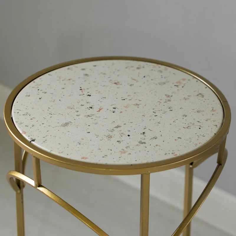 Set of 3 Decorative Gold Metal Round Plant Stands with Modern White Marble Top - Stylish End Side Tables