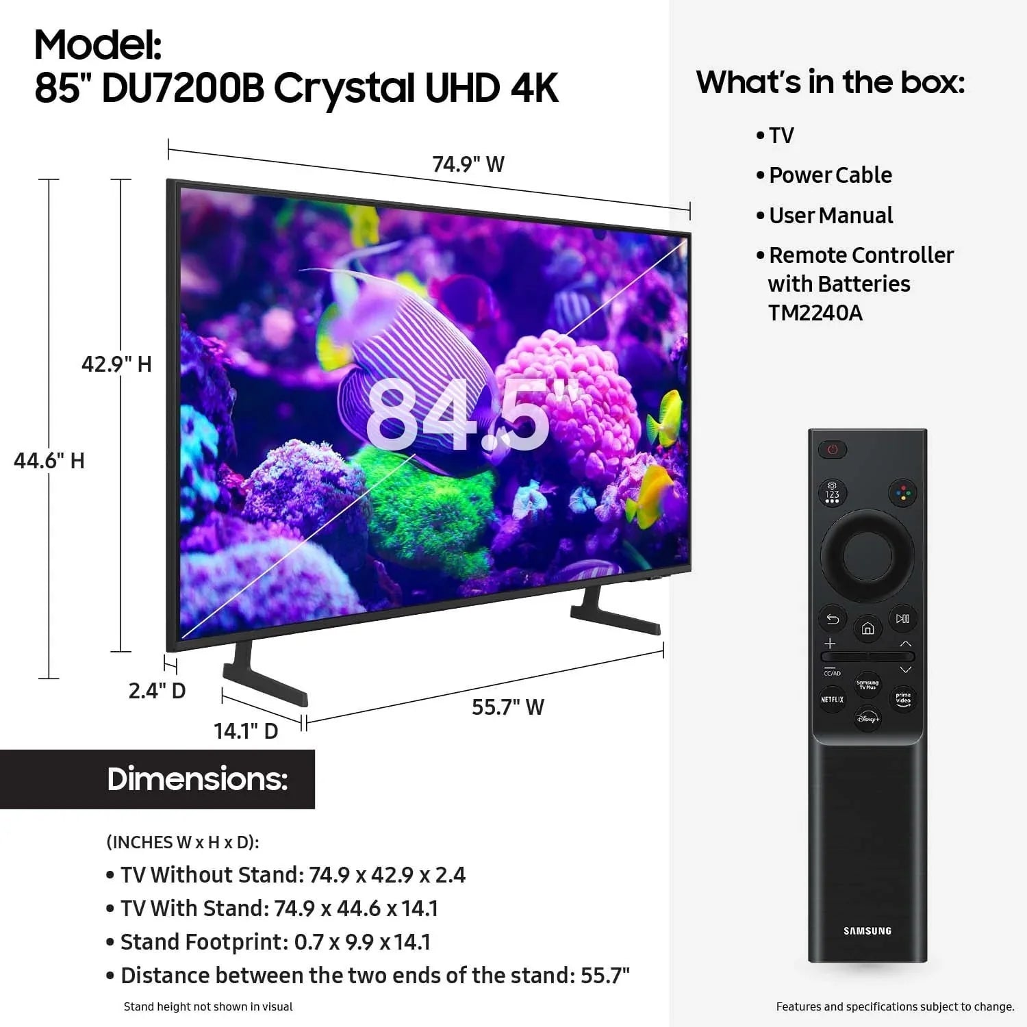 Samsung 85 Crystal UHD 4K Smart TV DU7200B with PurColor, HDR and Tizen OS C 2024 Model