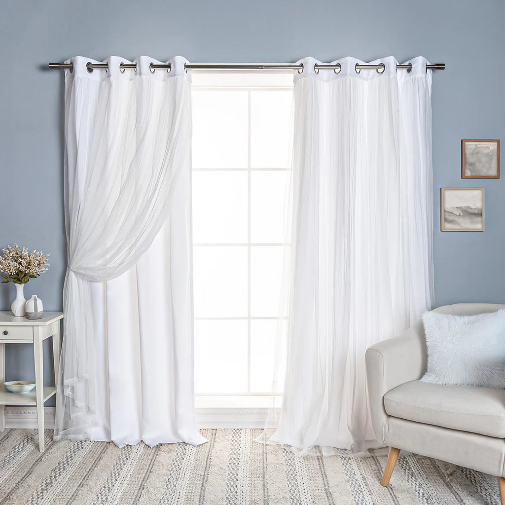 Fortuna Brockham Solid Tulle Overlay Room Darkening Grommet Curtain Panels (Set of 2)