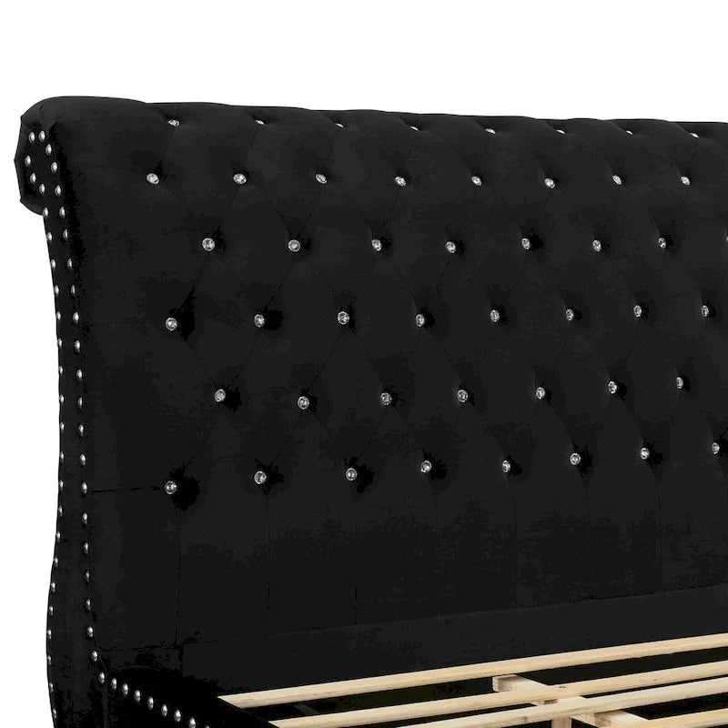 Gracewood Hollow Trivedi Black Velvet Sleigh Bed with Crystal Button Tufting