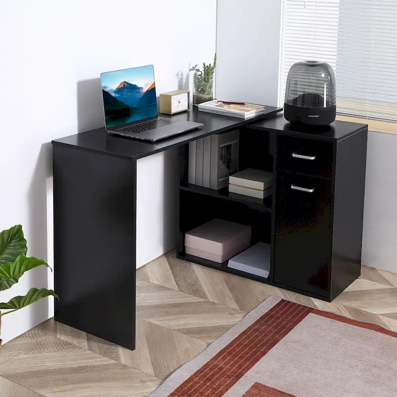 HOMCOM L-Shaped Corner Computer Desk with Rotating Storage Shelves and Drawer for Home and Office Workspaces