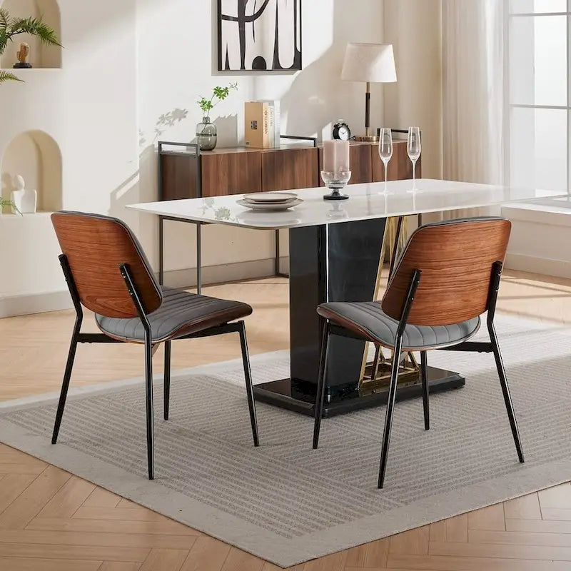 Set of 2 Retro Linen Dining Chairs with Bentwood Backs and Metal Legs