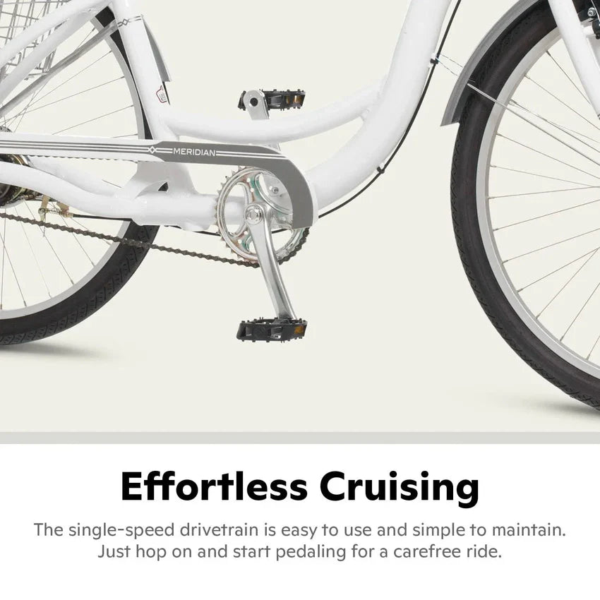 2025 Schwinn Meridian Adult Tricycle Bike Mens and Womens Three Wheel Beach Cruiser 26-inch Wheels Low Step-Through Frame Wide Seat Rear Folding Basket Sin
