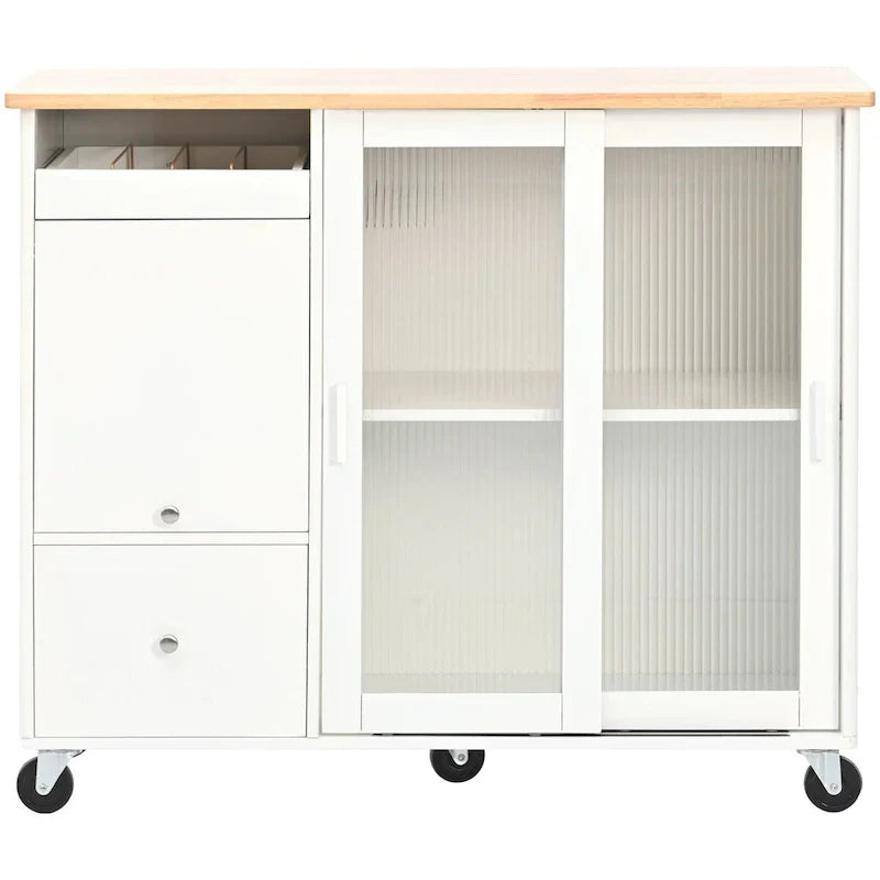 Kitchen Island with Drop Leaf Sliding Glass Doors and Storage on Wheels