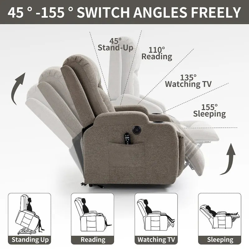 Lazy Boy Power Lift Recliner Chair, Modern Single Motor Massage Sofa Chair with Lumbar Heating, USB Charging Port, Cup Holders