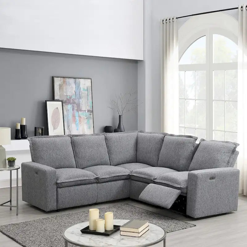 Linen Upholstered Power Recliner L-Shaped Sectional Sofa with USB Port - Soft Home Theater Seating for Living Room