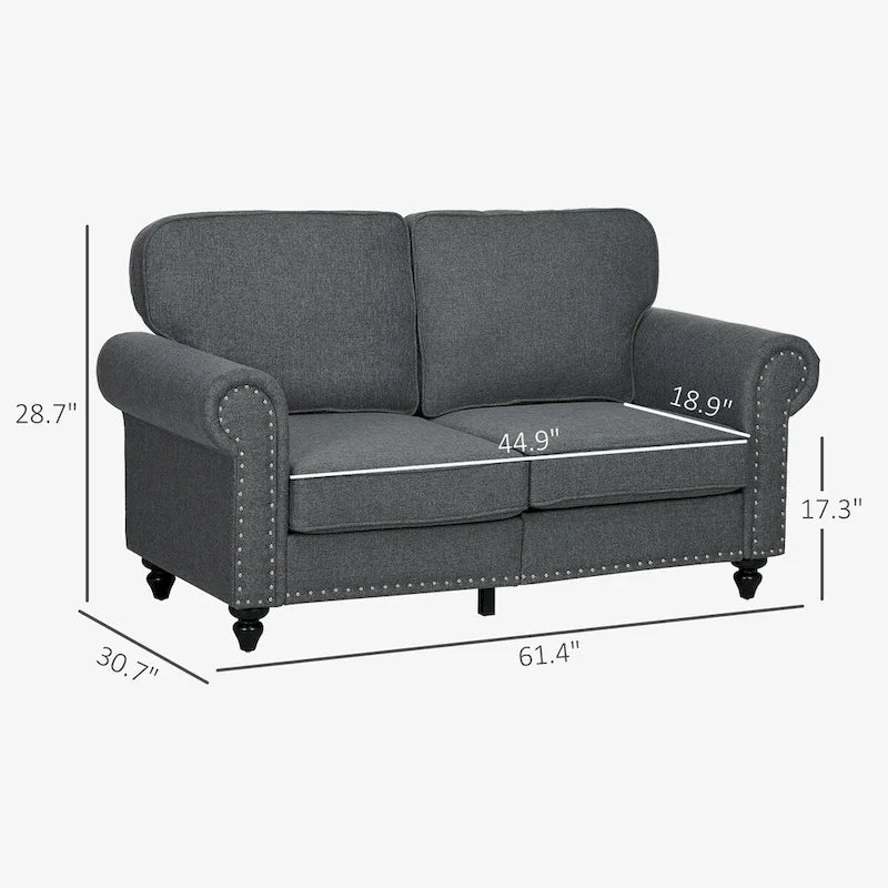 HOMCOM 61-Inch Mid-Century Modern Loveseat Sofa - Stylish 2-Seater Couch with Nailhead Trim and Rolled Arms, Upholstered in Fabric