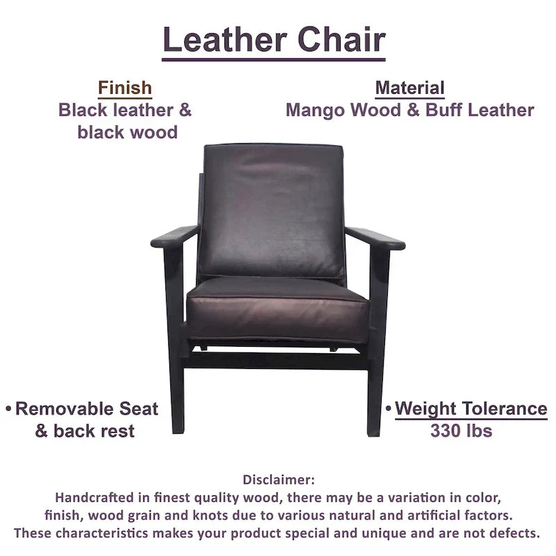 Handcrafted Amber Accent Chair with Slatted Mango Wood, Buffalo Leather Cushions, and Angled Legs