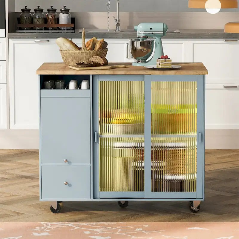 Kitchen Island with Drop Leaf Sliding Glass Doors and Storage on Wheels