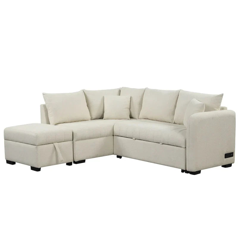 Sectional Sofa Bed with Storage Ottoman USB Ports and Pull Out Design