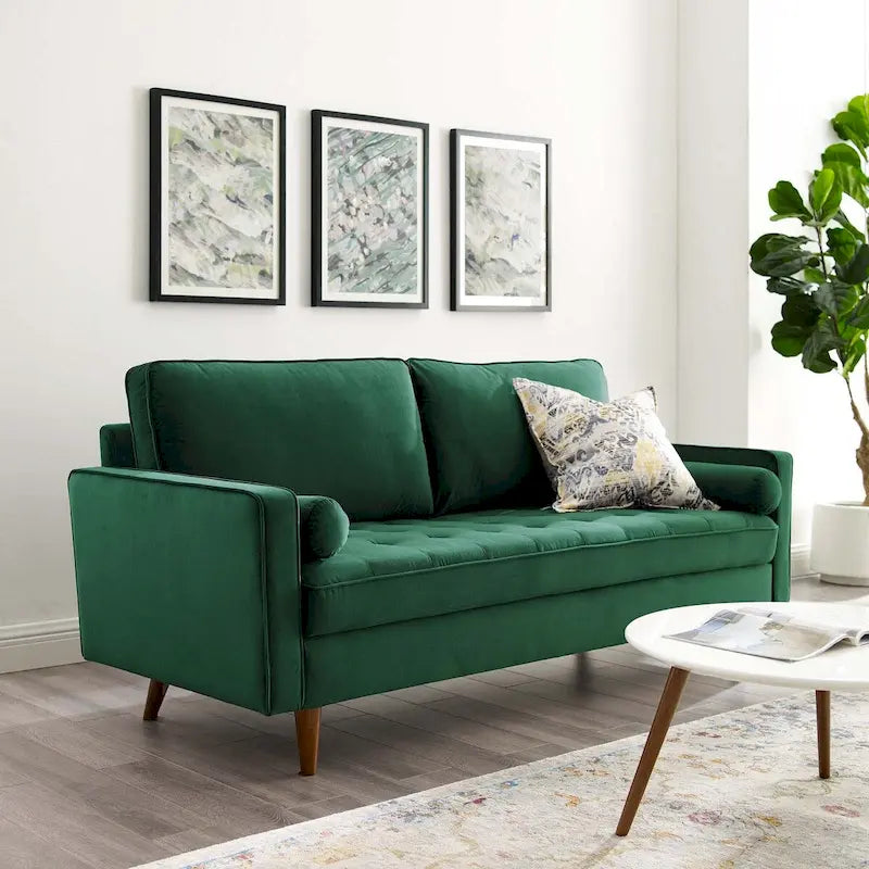 Mid Century Velvet Sofa with Tufted Back and Wooden Legs