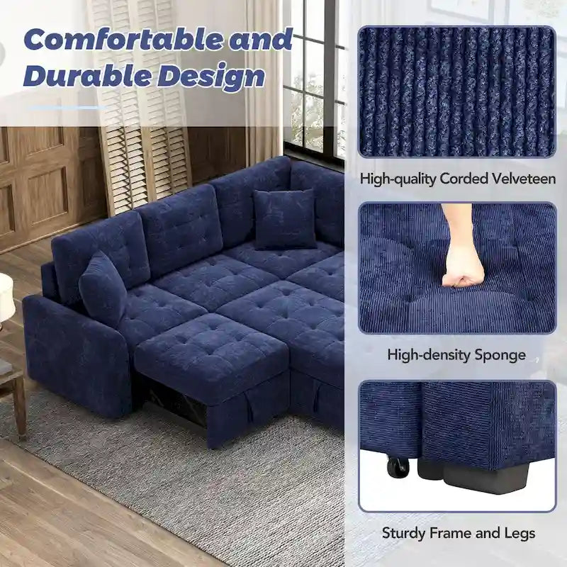 L-Shaped Pull-Out Sleeper Sofa with Wheels, USB Charging Ports, and Power Outlets