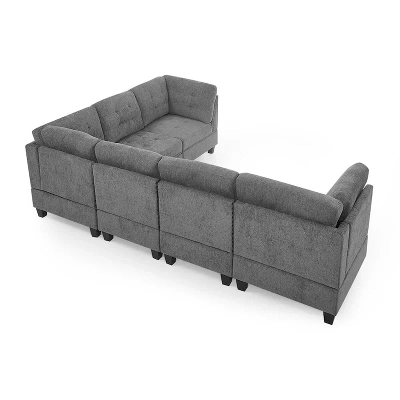 Grey Chenille L-Shaped Modular Sectional Sofa Set with Three Individual Chairs and Three Corner Pieces - Dimensions: 116W x 89.5D x 36.5H