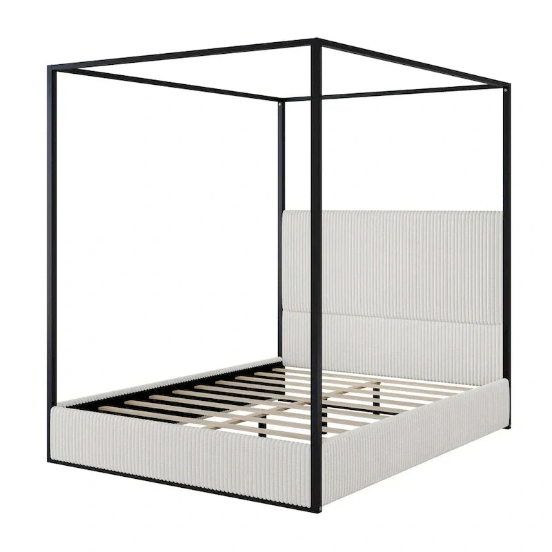 Metal Canopy Platform Bed with Vertical Stripe Upholstered Wingback Headboard - Four Poster, Low Profile Design