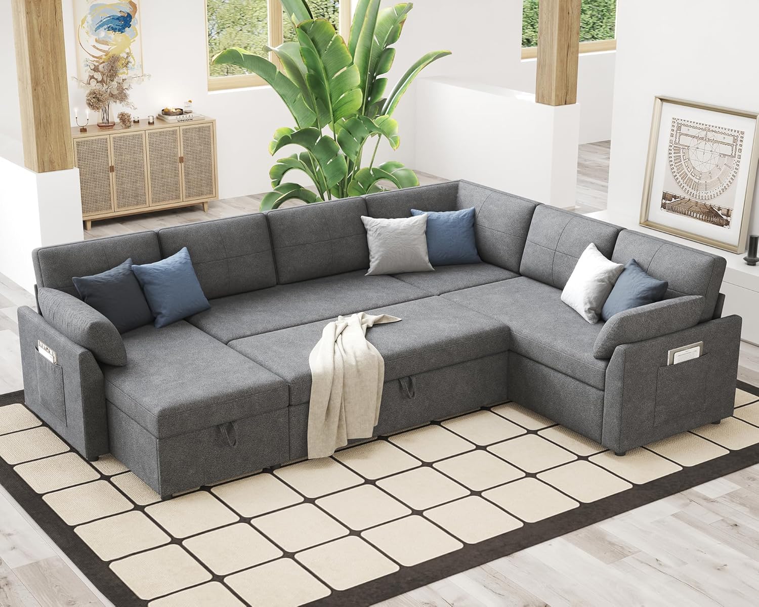 VanAcc Sofa Bed, Sleeper Sofa with Storage Chaise 2 in 1 Pull Out Couch Living Room