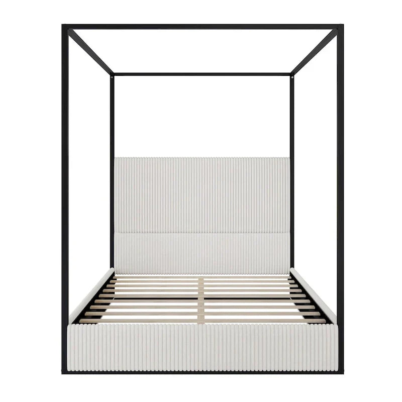 Metal Canopy Platform Bed with Vertical Stripe Upholstered Wingback Headboard - Four Poster, Low Profile Design
