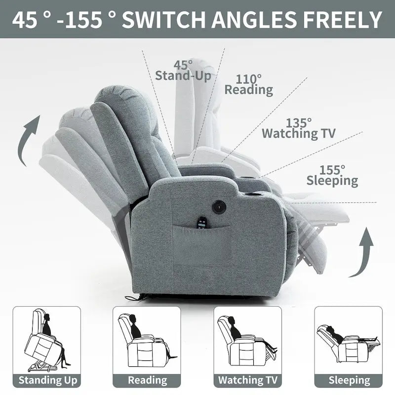 Lazy Boy Power Lift Recliner Chair, Modern Single Motor Massage Sofa Chair with Lumbar Heating, USB Charging Port, Cup Holders