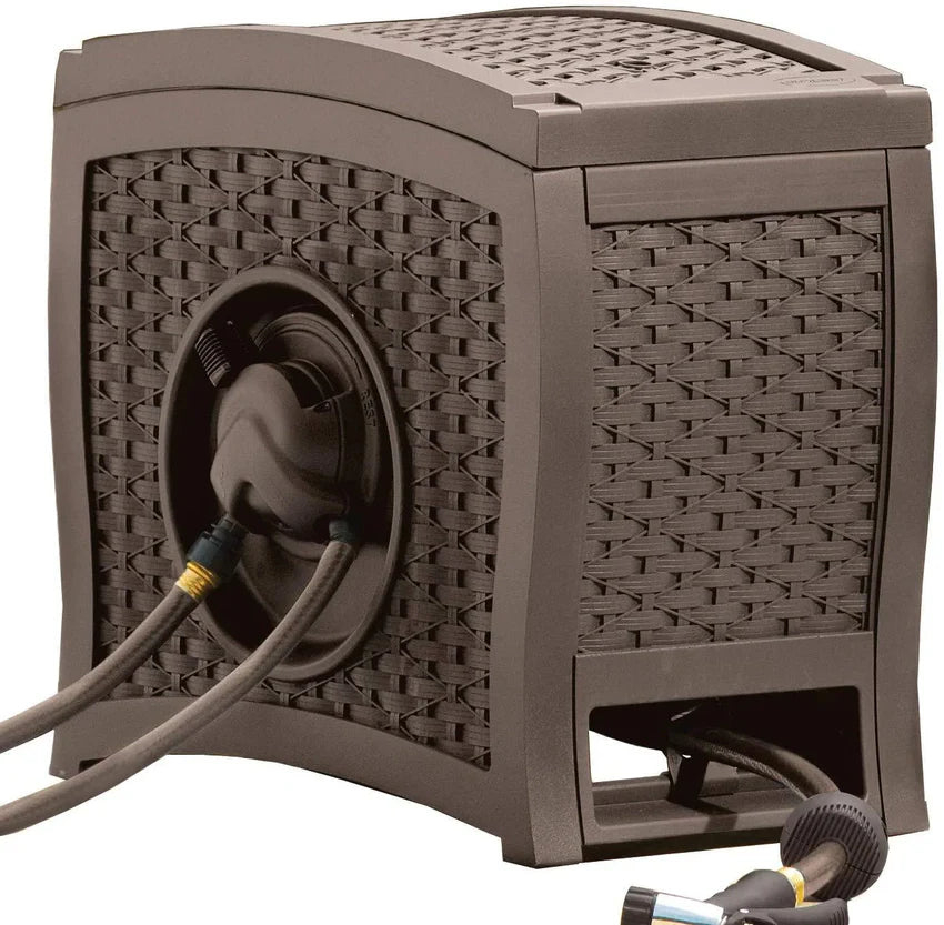 Suncast Aquawinder 125 Wicker Garden Hose Reel Lightweight Portable Hands Free Water Powered Retractable Hose Reel Java