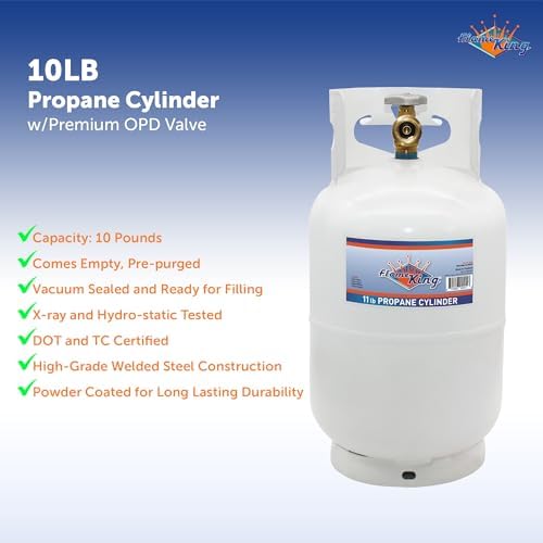 2025 Flame King YSN10LB 10LB Steel Propane Tank Cylinder with Type 1 Overflow Protection Device Valve  for Camping  Fire Pits  Heaters  Grills  Overlanding  White
