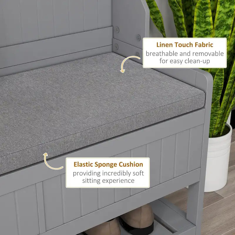 HOMCOM Gray Hall Tree Organizer with Coat Rack, 4 Hooks, 2 Drawers, and Padded Seat Cushions for Entryway