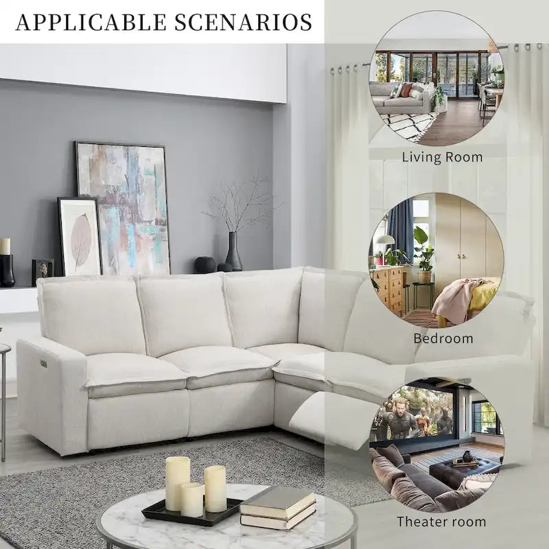 Linen Upholstered Power Recliner L-Shaped Sectional Sofa with USB Port - Soft Home Theater Seating for Living Room