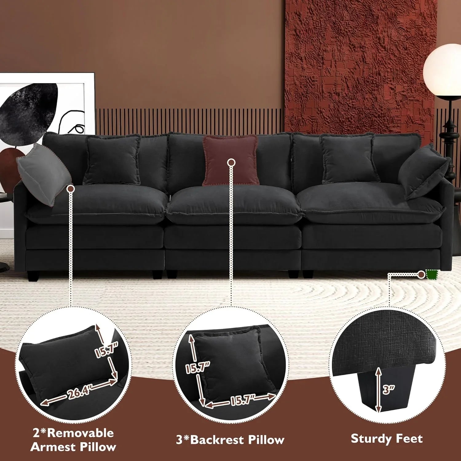 Ihanherry 146" U-Shaped Modern Sofa Modular Sectional Cloud Couch with 2 Ottoman, 6-Seat Chenille Deep Seat Sofa with 6 Pillows for Living Room, Bedroom and Apartment, Grey