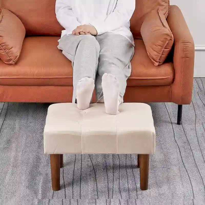 Set of 2 Small Linen Foot Stools with Legs - Rectangle Upholstered Ottoman Footrests