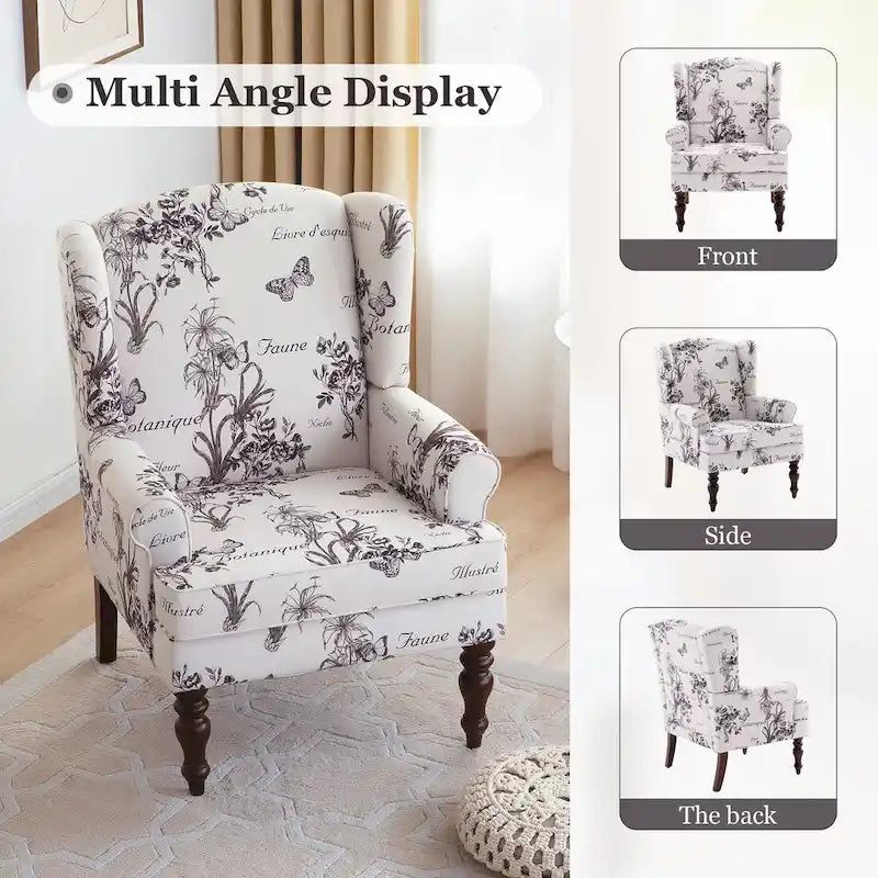 Set of 2 Accent Armchairs with Turned Legs in Blue, Beige, and Grey