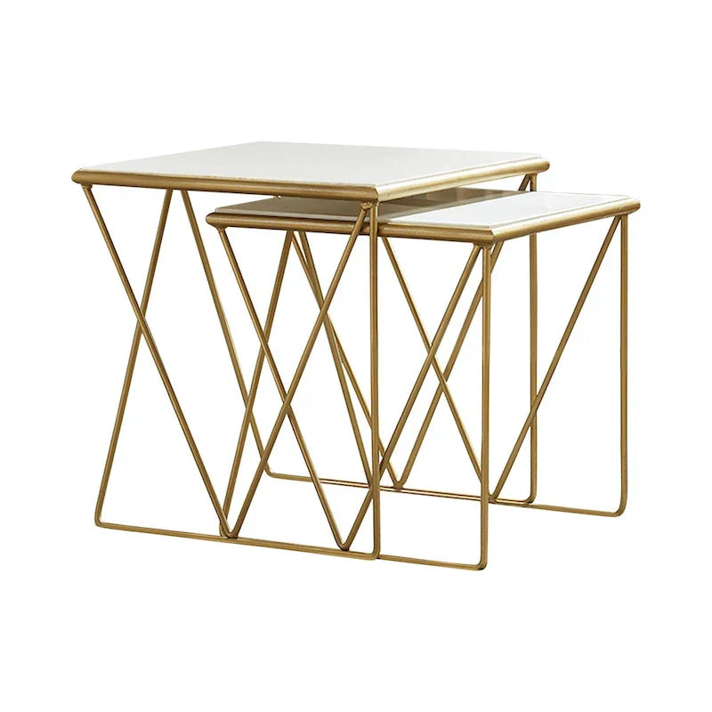 Set of 2 Marble Top Nesting Tables with Geometric Gold Base, White Finish