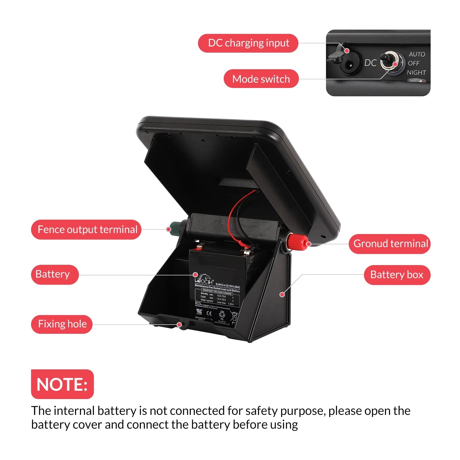 Andmon 10 Miles Solar Electric Fence Charger with Day or Night Mode