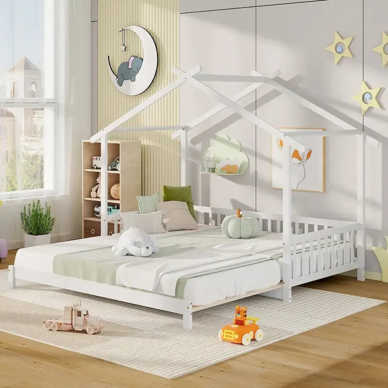 Gymax Twin to King Wooden House Bed Daybed with Safety Rails & Customizable Design
