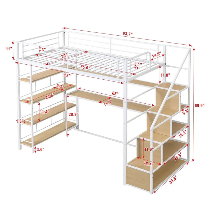 MERAX Twin Metal Loft Bed with Staircase, Desk, and Shelving