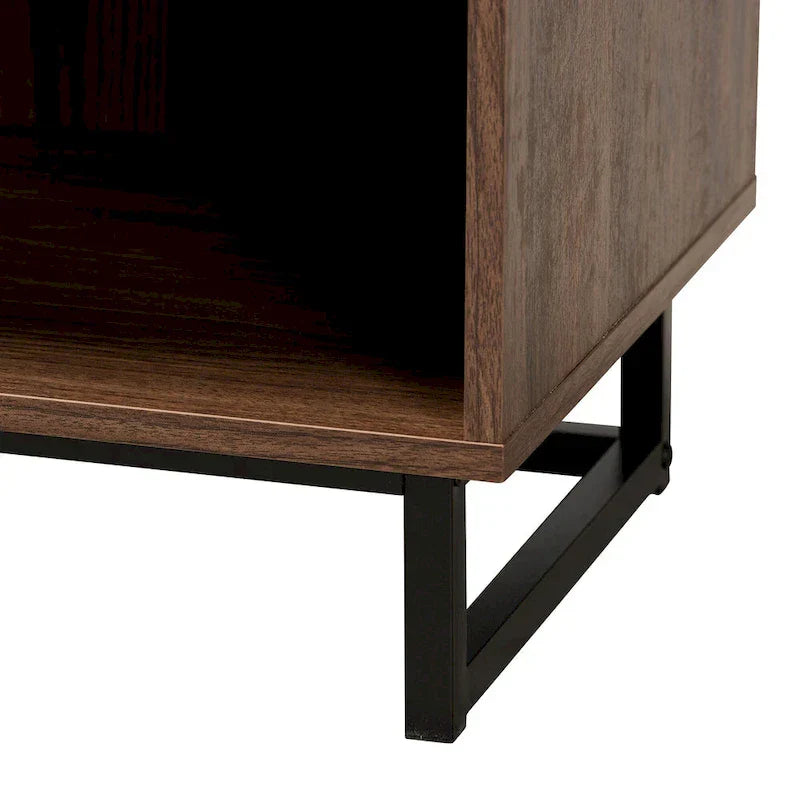 Sadia Contemporary Walnut Brown Wood and Black Metal 1-Drawer Side Table