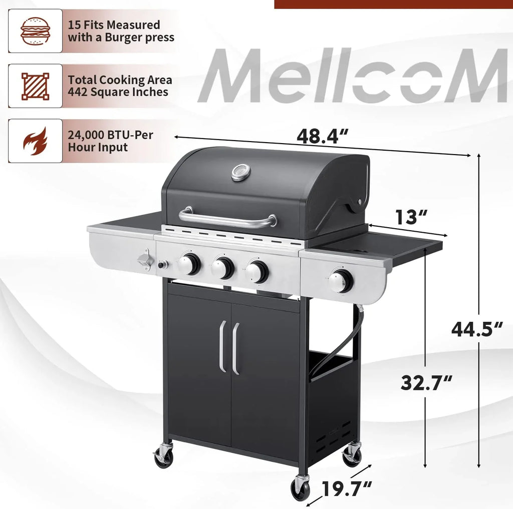 Upgraded 4 Burner BBQ Propane Gas Grill with Cast Iron Grates & Side Stove, 44,000 BTU Stainless Steel Burner Barbecue Grill for Patio, Camping, Outdoor Cooking MELLCOM