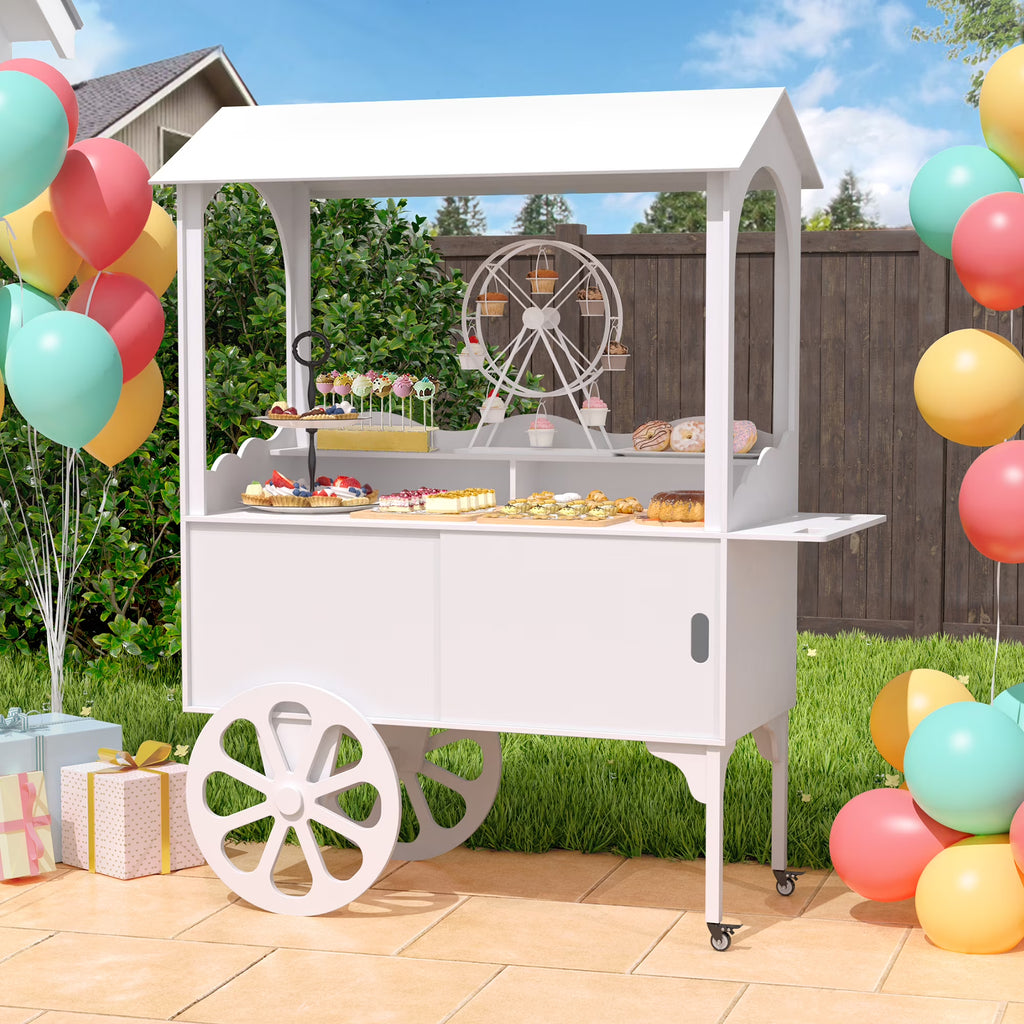 Candy Cart with Wheels for PartyWood Dessert Cart with Storage Cabinet