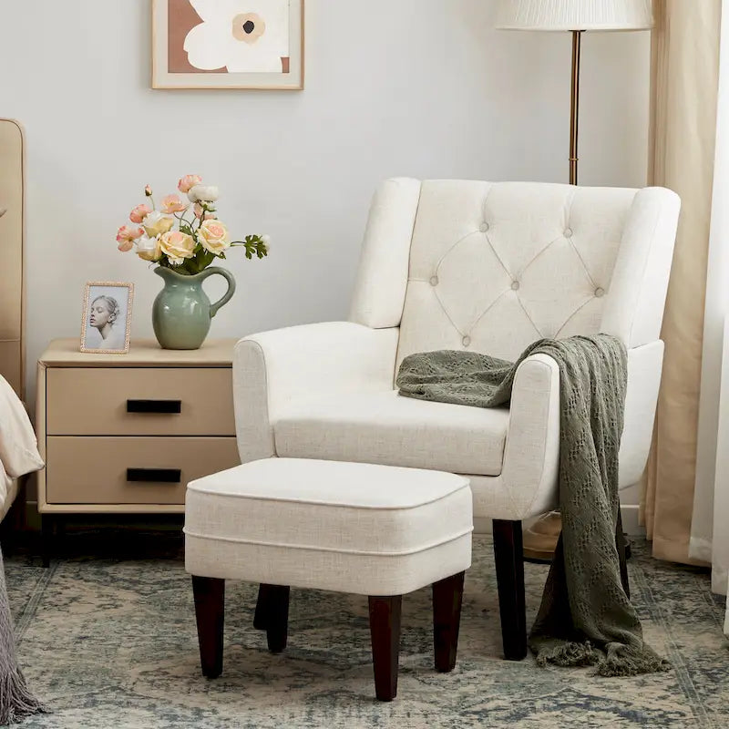 HUIMO Fabric Accent Chair and Ottoman Set - Available in Grey, Beige, Blue, and Dark Teal