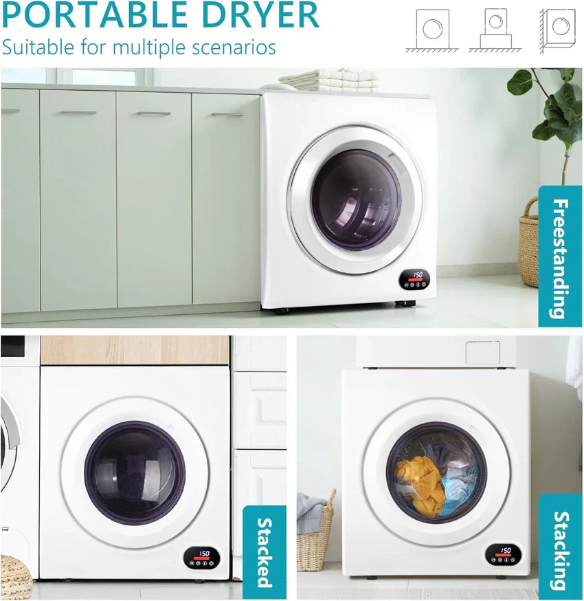 Compact Laundry Dryer, 3.5 cu ft Front Load Stainless Steel Clothes Dryers With Exhaust Pipe, 1500W, LCD Control Panel Four-Function Portable Dryer For Apartments, Home, Dorm, White