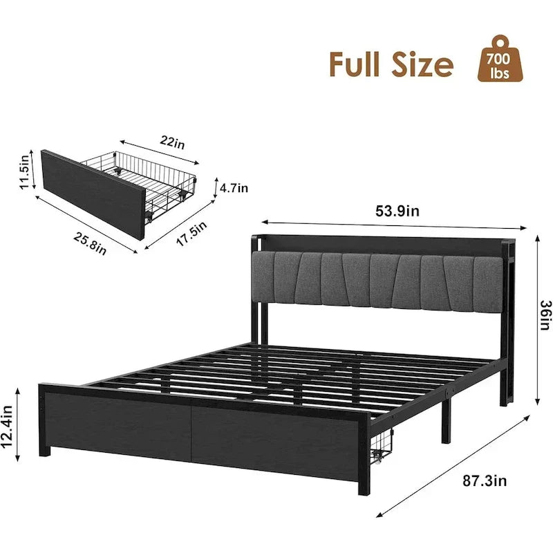 Industrial Black Bed Frame with Storage Headboard, Featuring 2 Spacious Drawers and Built-in Charging Station