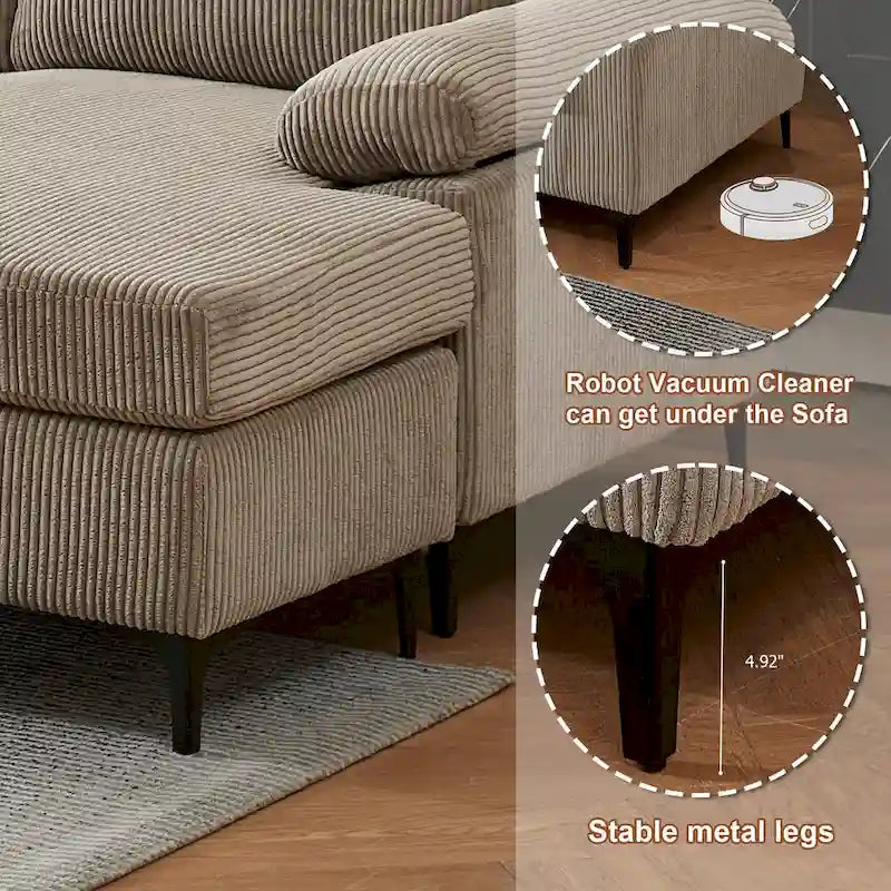 HOOOWOOO Reversible Corduroy Chaise Sofa with Wide Armrests and Ottoman for Living Room