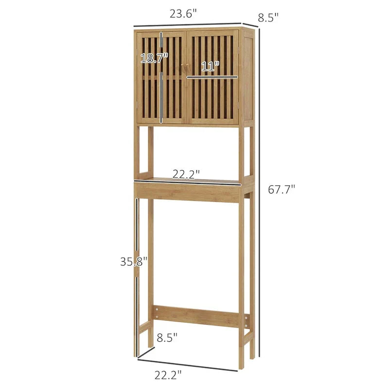 HOMCOM Bamboo Over-the-Toilet Storage Cabinet with Slatted Doors and Adjustable Shelf - Bathroom Organizer