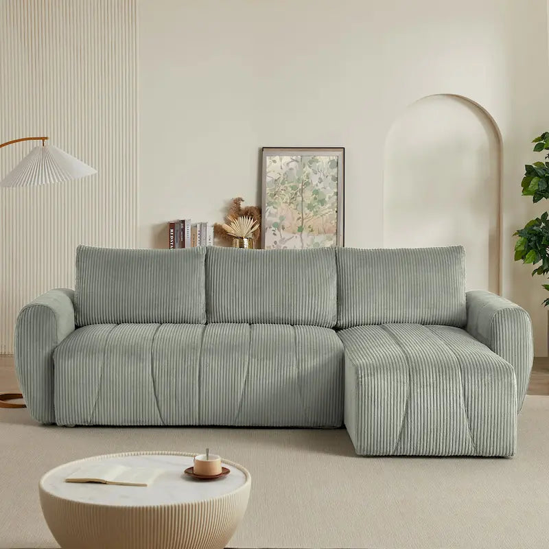 Grey 105.2" Corduroy L-Shaped Convertible Sleeper Sectional with Storage Compartment