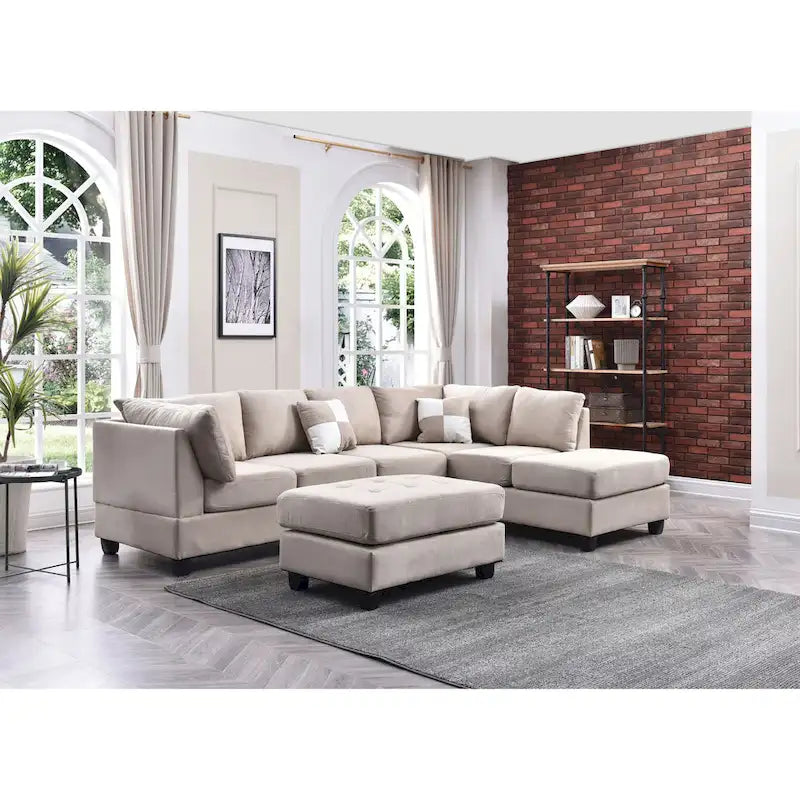 Malone 111-Inch Suede 4-Seater Sectional Sofa with Two Throw Pillows - Dimensions: 111L x 78W x 34H