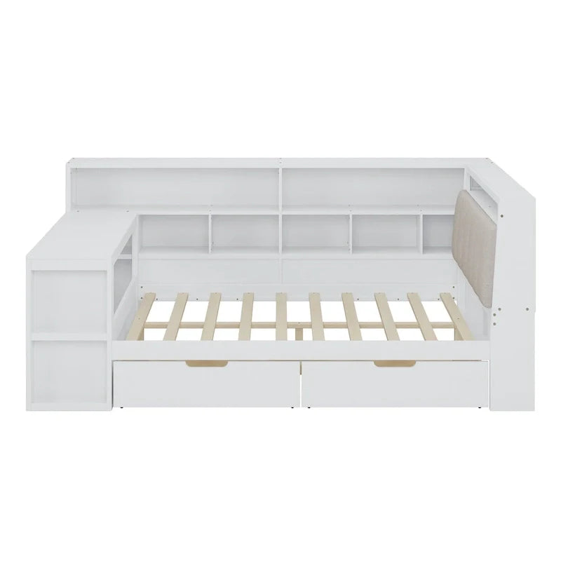 L-shaped Wooden Sofa Daybed with Desk, Bookcase Cabinet, Corner Bed with Under-bed Drawers, Upholstered Headboard Built-in Light