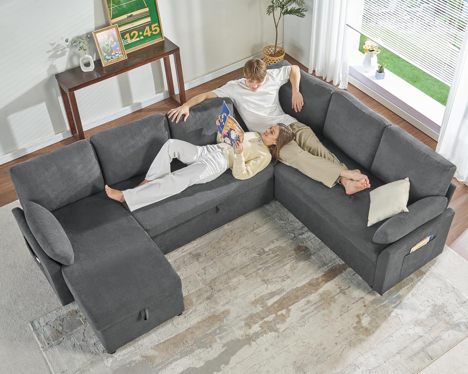 VanAcc Sofa Bed, Sleeper Sofa with Storage Chaise 2 in 1 Pull Out Couch Living Room