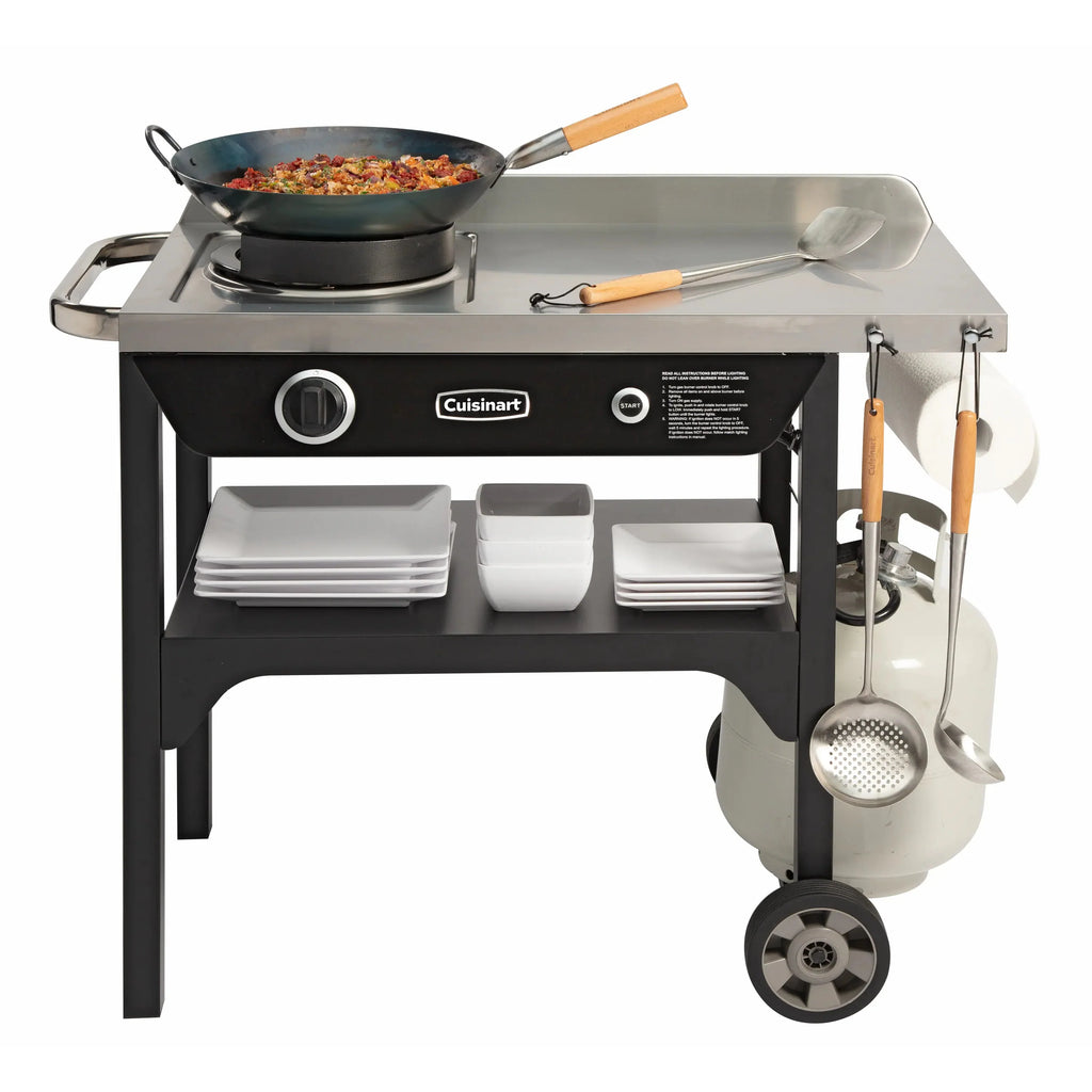 Cuisinart – Outdoor Wok Station, 50,000 BTU Propane Outdoor Wok Burner w Prep Table, 14′′ Carbon Steel Wok for Stir Fry, Searing, BBQ – Black